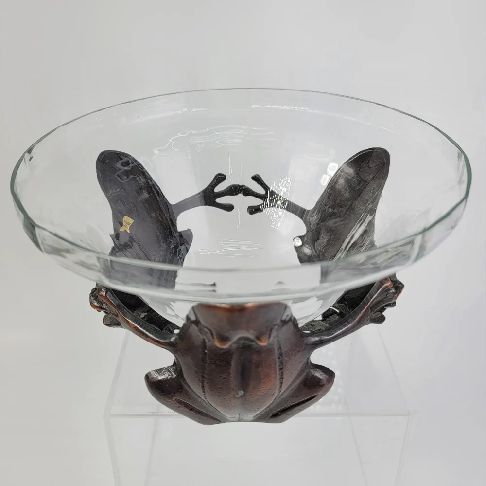 Decorative Glass Bowl Vase Centerpiece with Three Sitting Metal Frogs Stand Base